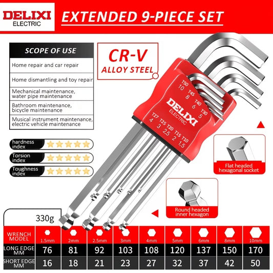 Extra-Long Arm Hex Wrench Set with Ball & Torx Ends