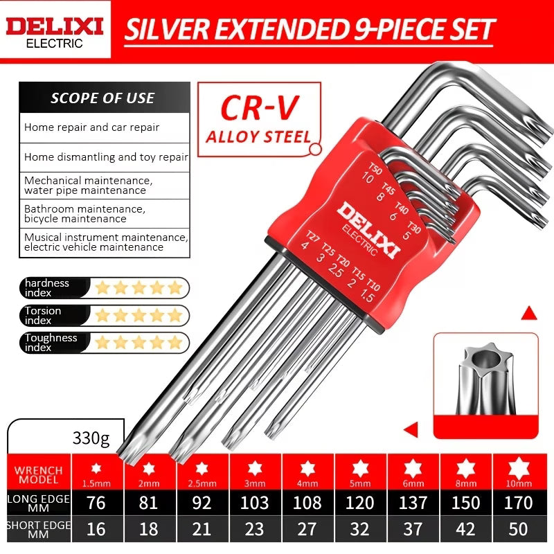 Extra-Long Arm Hex Wrench Set with Ball &amp; Torx Ends